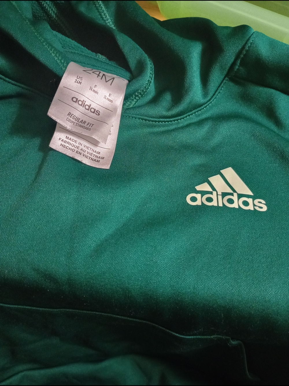 adidas Forest Green Pullover Hoodie with White Logo. size 18 To 24 Months.